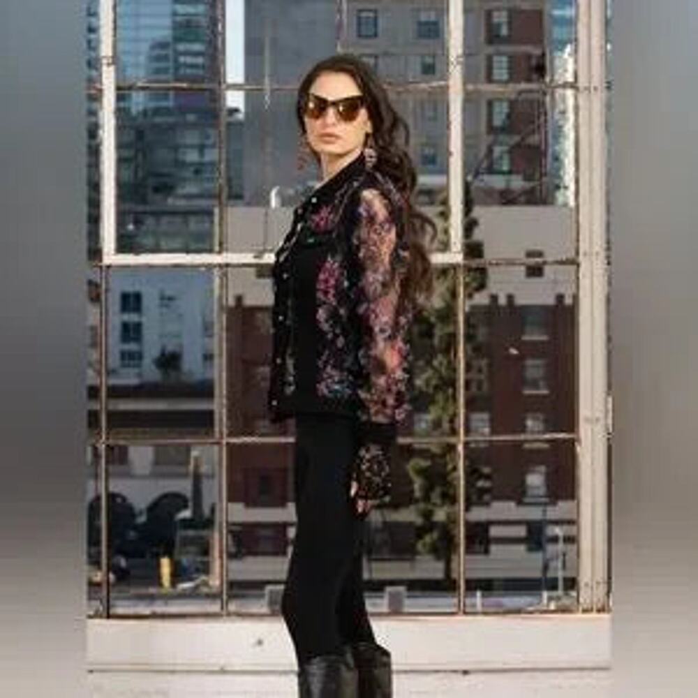 Black Denim and Lace Embroidered Jacket - Picture 7 of 7